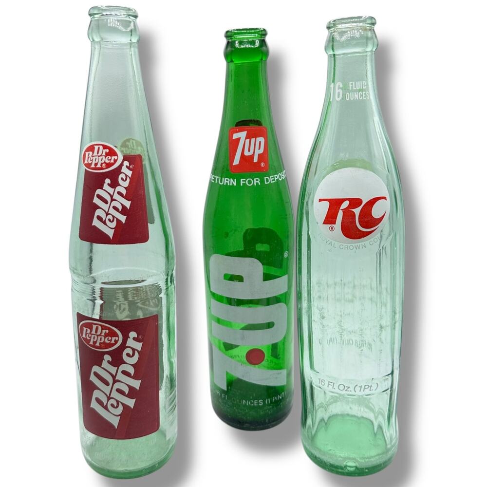 X3 VINTAGE 1970S POP TOP GLASS BOTTLES 7-Up Dr Pepper RC Cola
